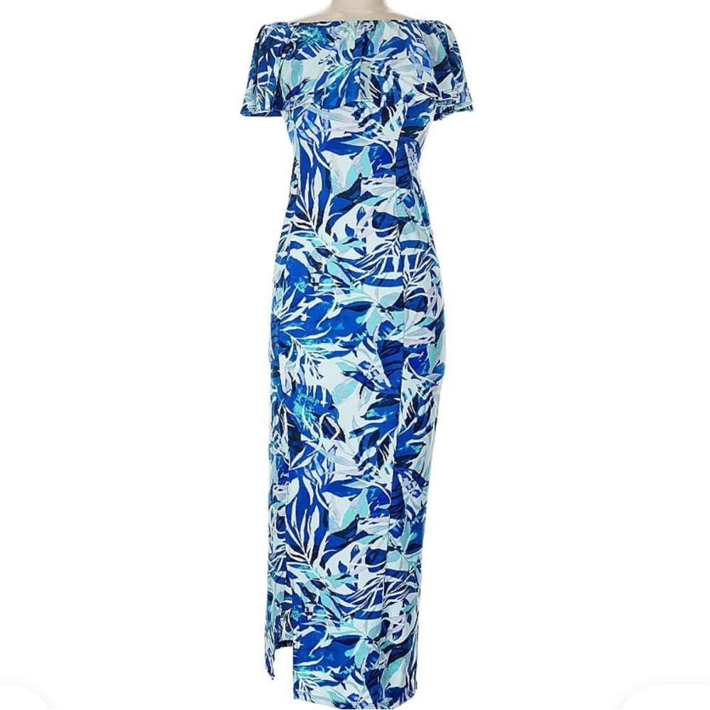 Pretty Young Thing NWT Maxi Blue Floral Off-Shoulder Dress.SideSlide Made U.S.A.